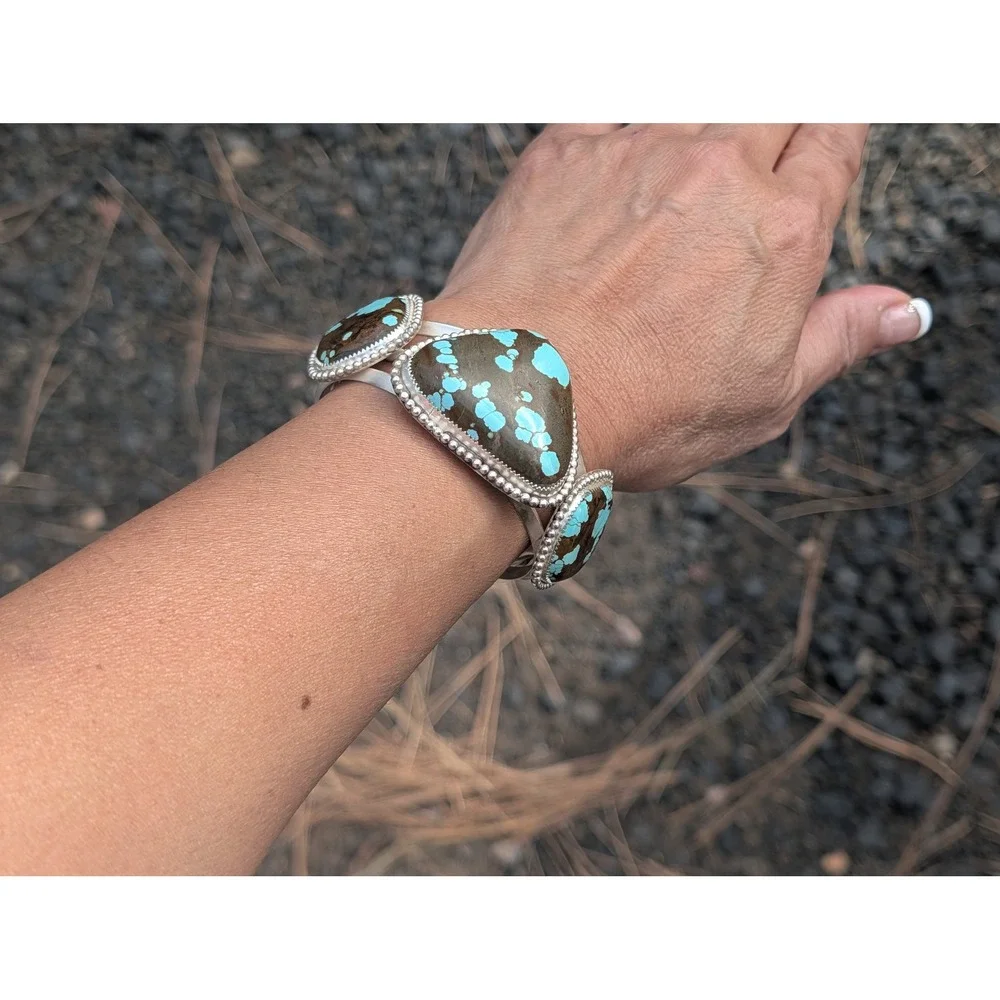 Natural Number 8 Turquoise Silver Cuff Bracelet Large 3 Stone Southwest Jewelry* - Picture 8 of 9